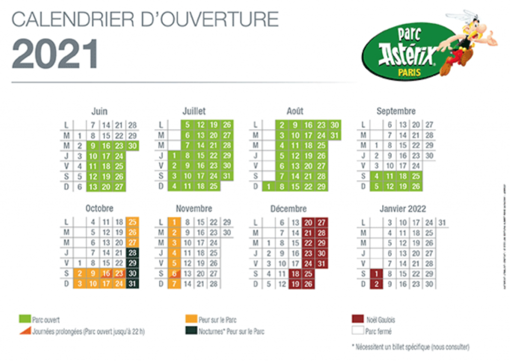 Calendrier 2021 du Parc Astérix