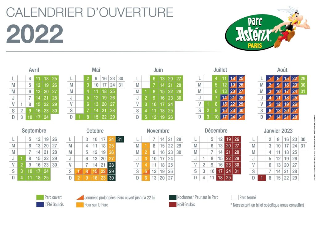 Calendrier 2022 du Parc Astérix